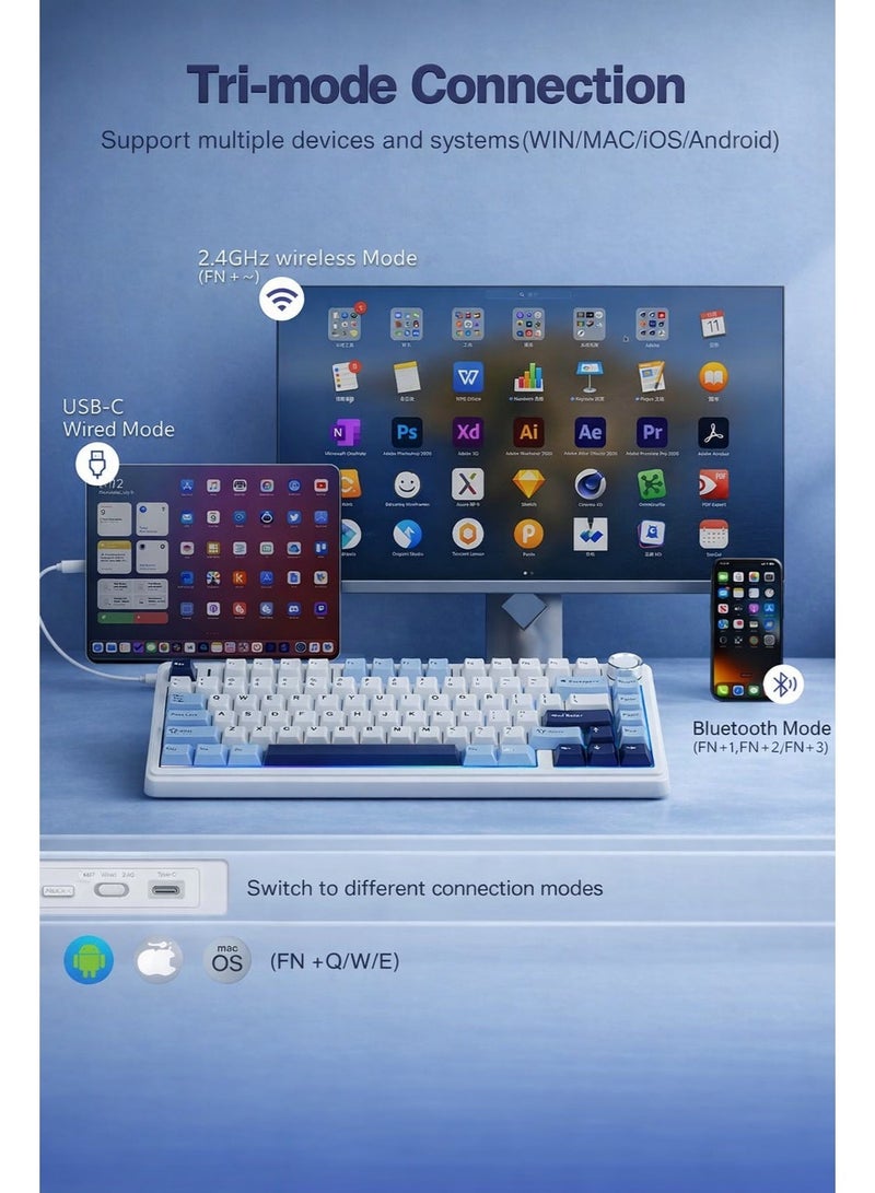 AULA F75 mechanical keyboard, custom hot-swappable switches with gaskets, pre-lubricated Reaper switches, RGB backlighting, 75% wireless gaming keyboard, 2.4GHz/Type-C/BT5.0, cream (glacier blue) color. - Image 2